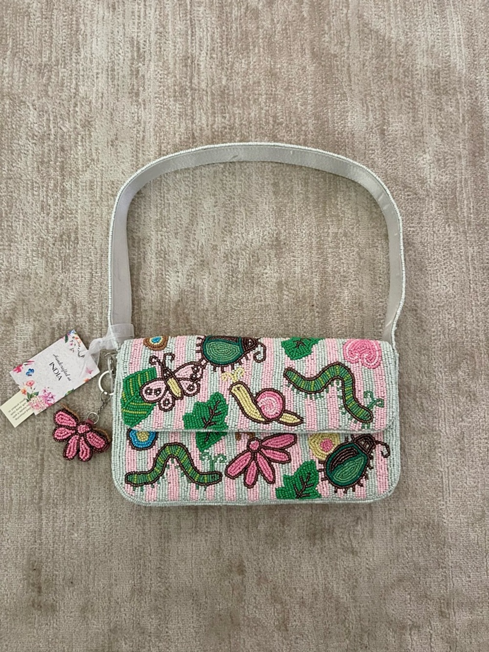 👛🦋🐛Beaded Garden/Caterpillar/Butterfly Shoulder Bag - Pink & Green